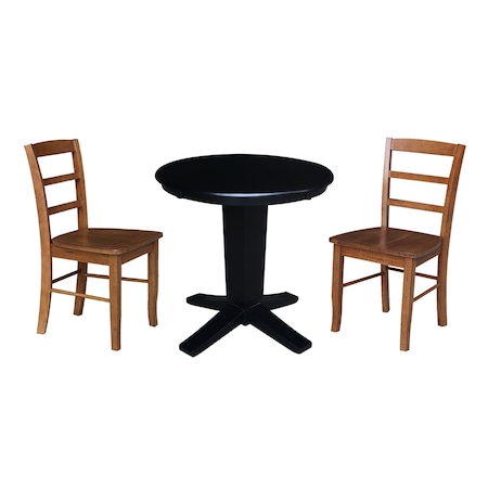 International Concepts 30 in. Solid Wood Round Top Dining Table with 2 Chairs in Black/Distressed Oak K46-30RT-23B-C42-2-2